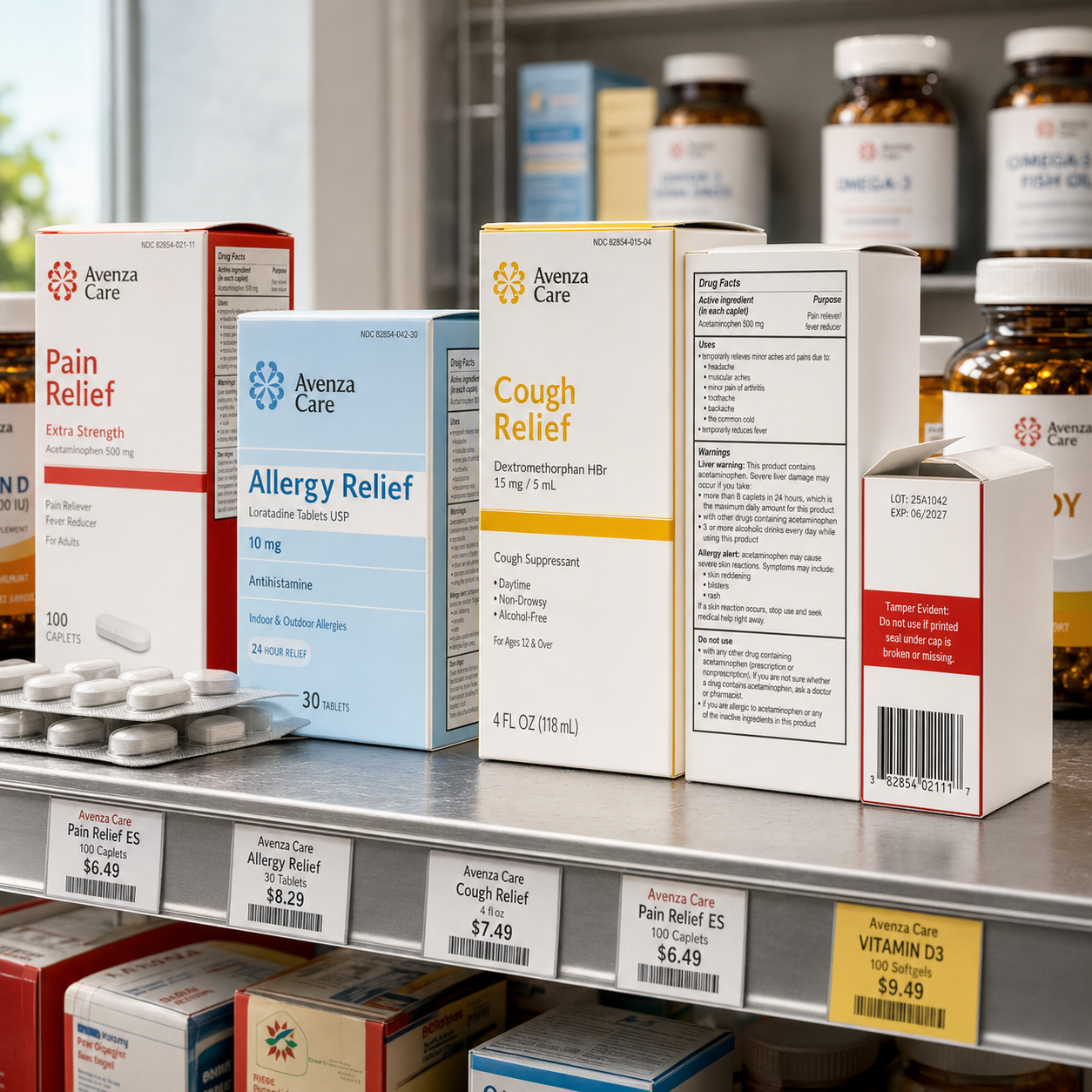 Pharma tuck boxes in carton format with printed drug facts panels, shown standing on a pharmacy shelf with price labels.