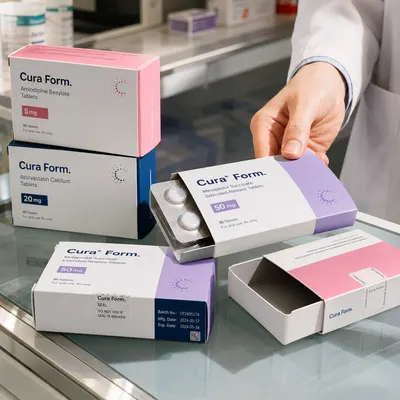 Pharmaceutical sleeve boxes with a sliding outer sleeve over an inner tray, one open showing a blister pack of tablets, on a pharmacy counter.