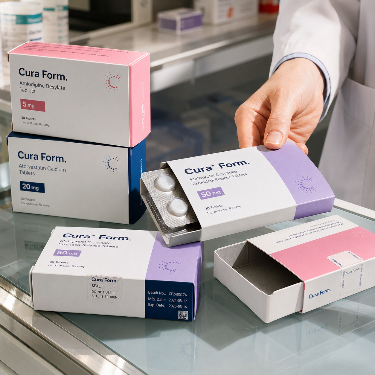 Pharmaceutical sleeve boxes with a sliding outer sleeve over an inner tray, one open showing a blister pack of tablets, on a pharmacy counter.