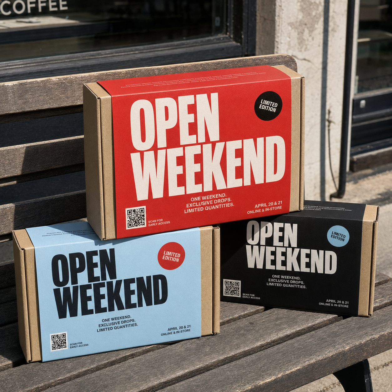 Promotional packaging boxes in red, blue, and black with a QR code, shown closed and stacked on an outdoor bench.