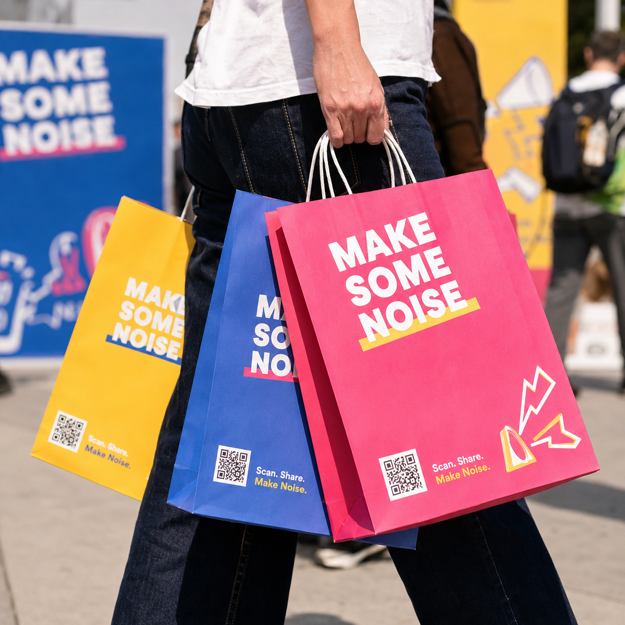 Promotional paper bags with twisted rope handles, shown in pink, blue, and yellow, carried by hand.