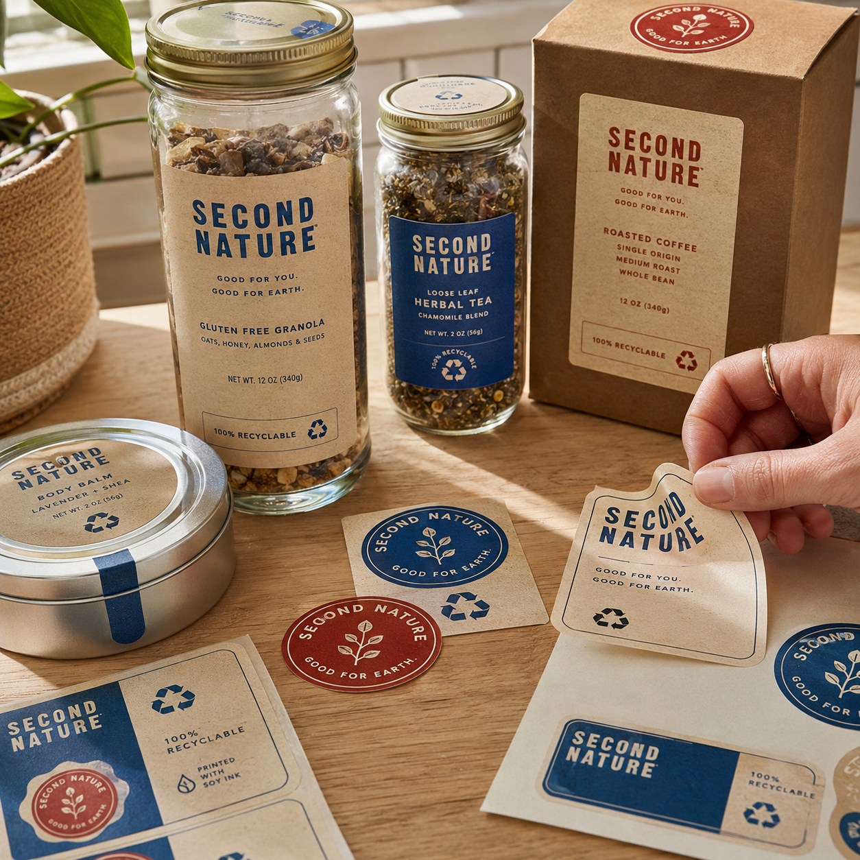 Recyclable labels and stickers on jars, a tin, and a box, with additional round and rectangular label sheets and a die-cut label being peeled by hand.