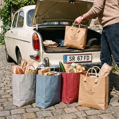 Recycled paper bags with rope handles, shown in cream, grey, blue, and red, filled with groceries and set beside a car trunk.
