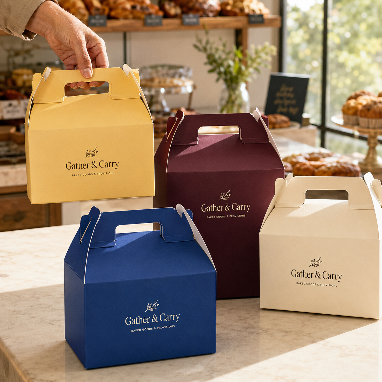Reinforced handle gable boxes with a folded top carrying handle, shown in yellow, burgundy, navy, and cream on a bakery counter.