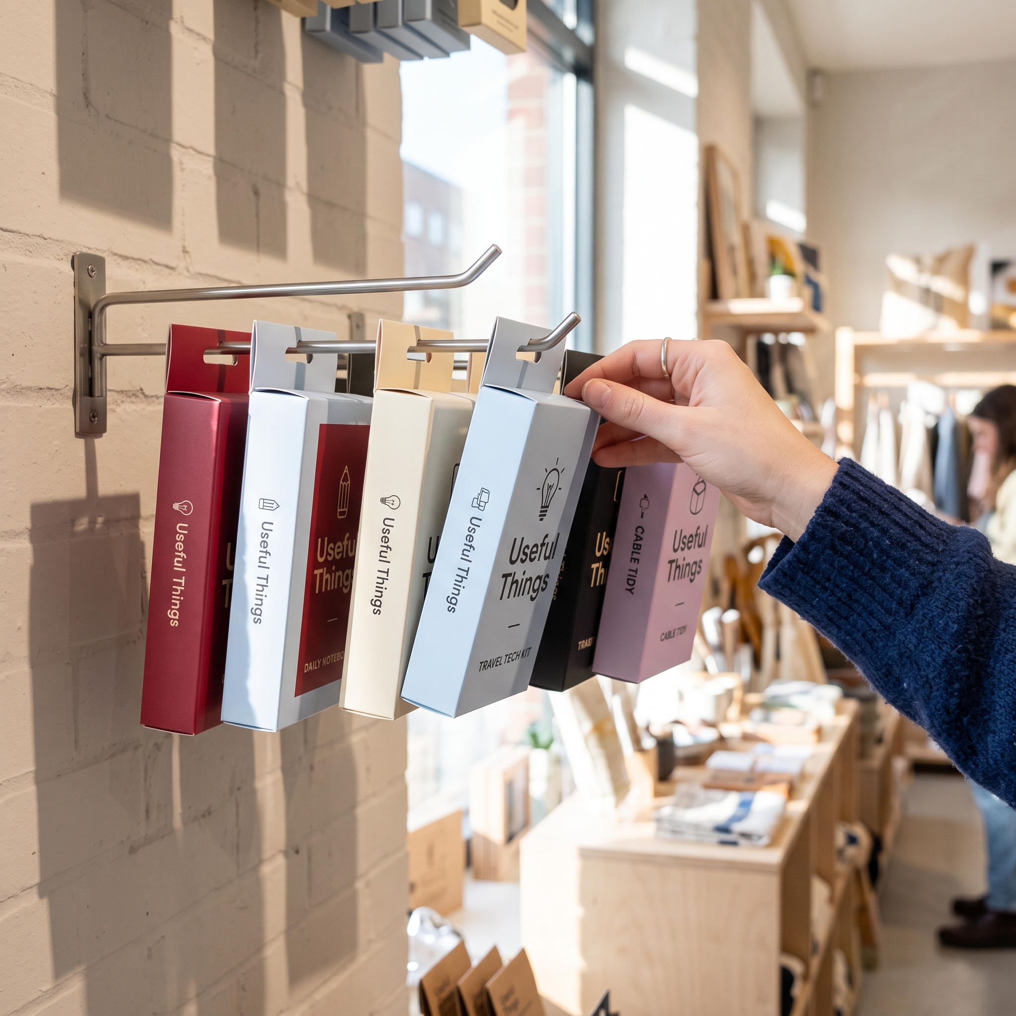 Retail hang tab boxes on a display rod, narrow cartons in red, white, cream, and grey with a die-cut hang tab at top.