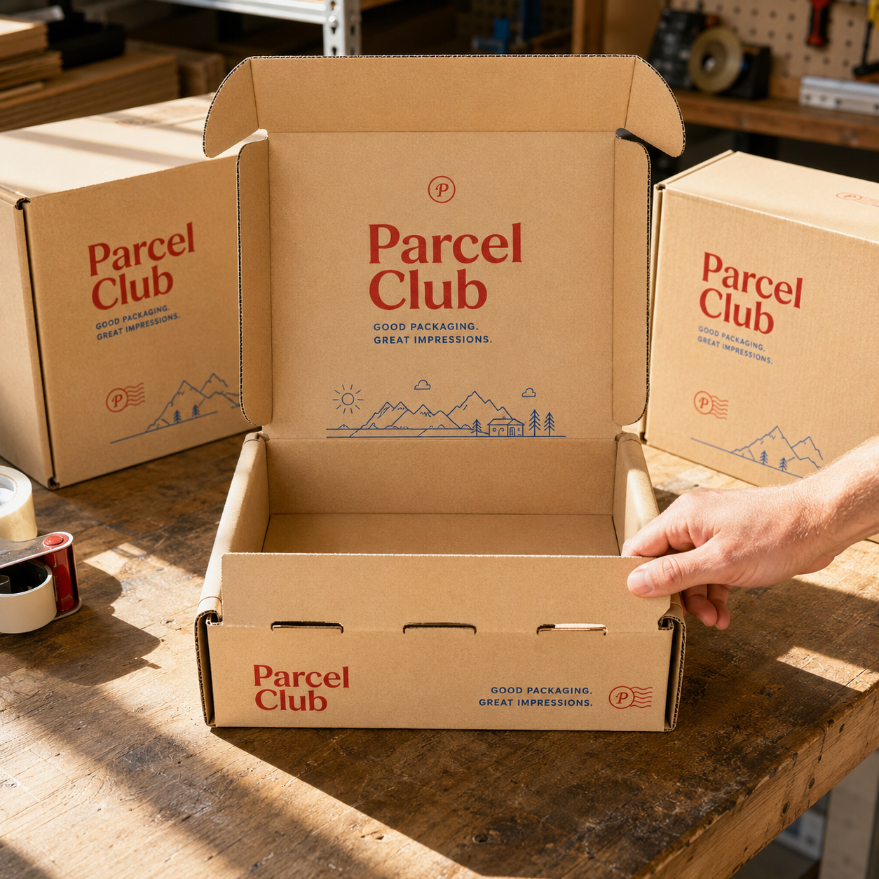 Roll end 3 flap lock boxes in kraft, shown closed and open with printed interior graphics on a workbench.