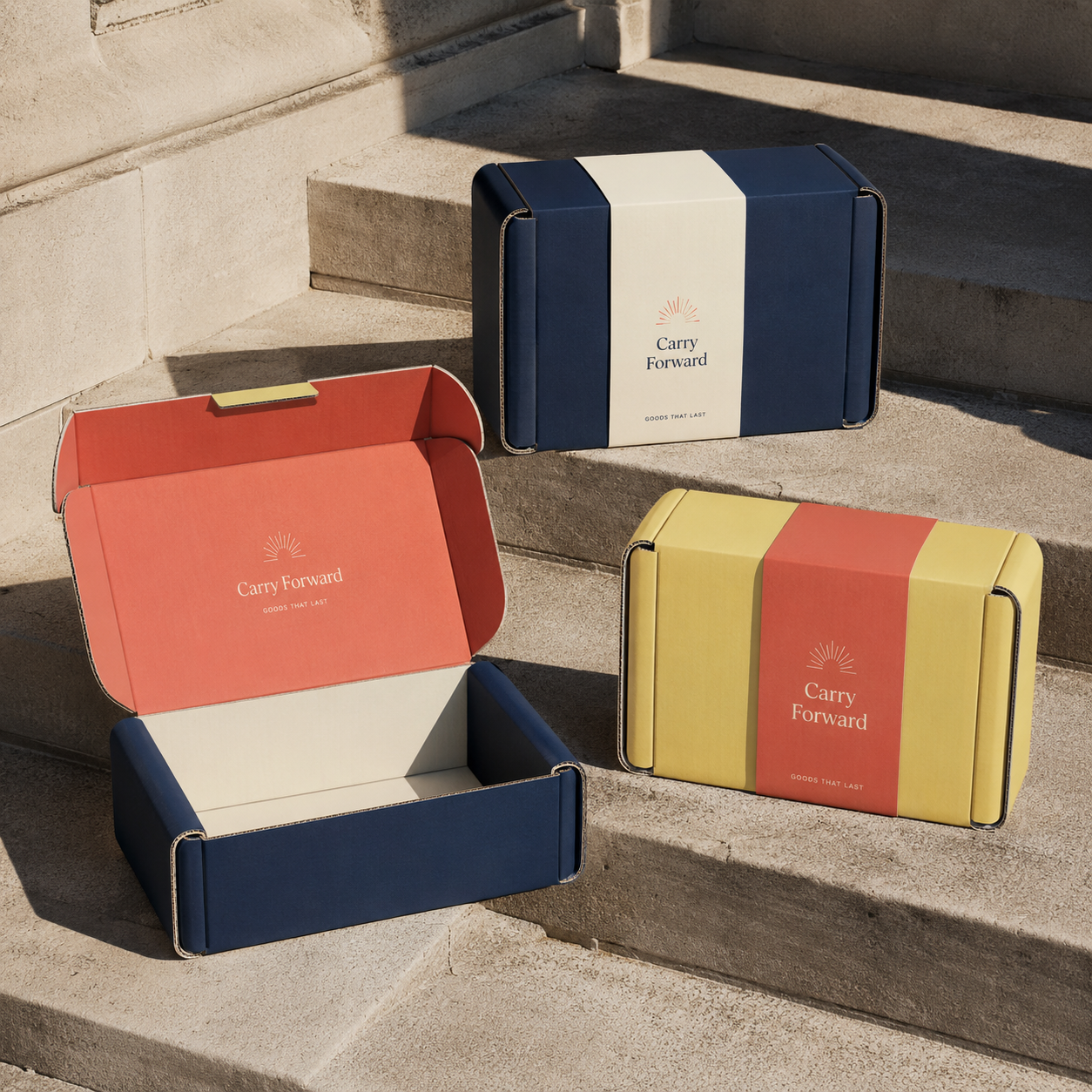 Roll end boxes with lid, shown with a separate lid and base in navy, cream, coral, and yellow, one open and empty.
