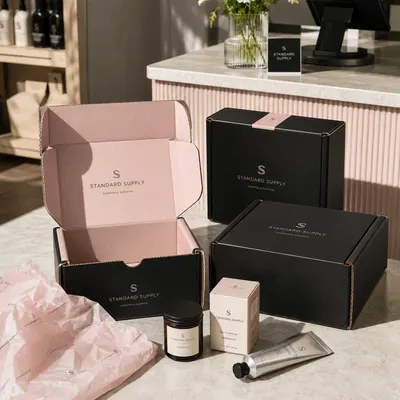 Roll end tuck top boxes in black with a pink interior, shown open and closed alongside jewelry-brand contents on a retail counter.