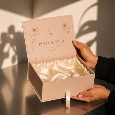 Custom satin-lined box in blush pink with foil floral border, shown open with cream satin fabric inside, held by hand.