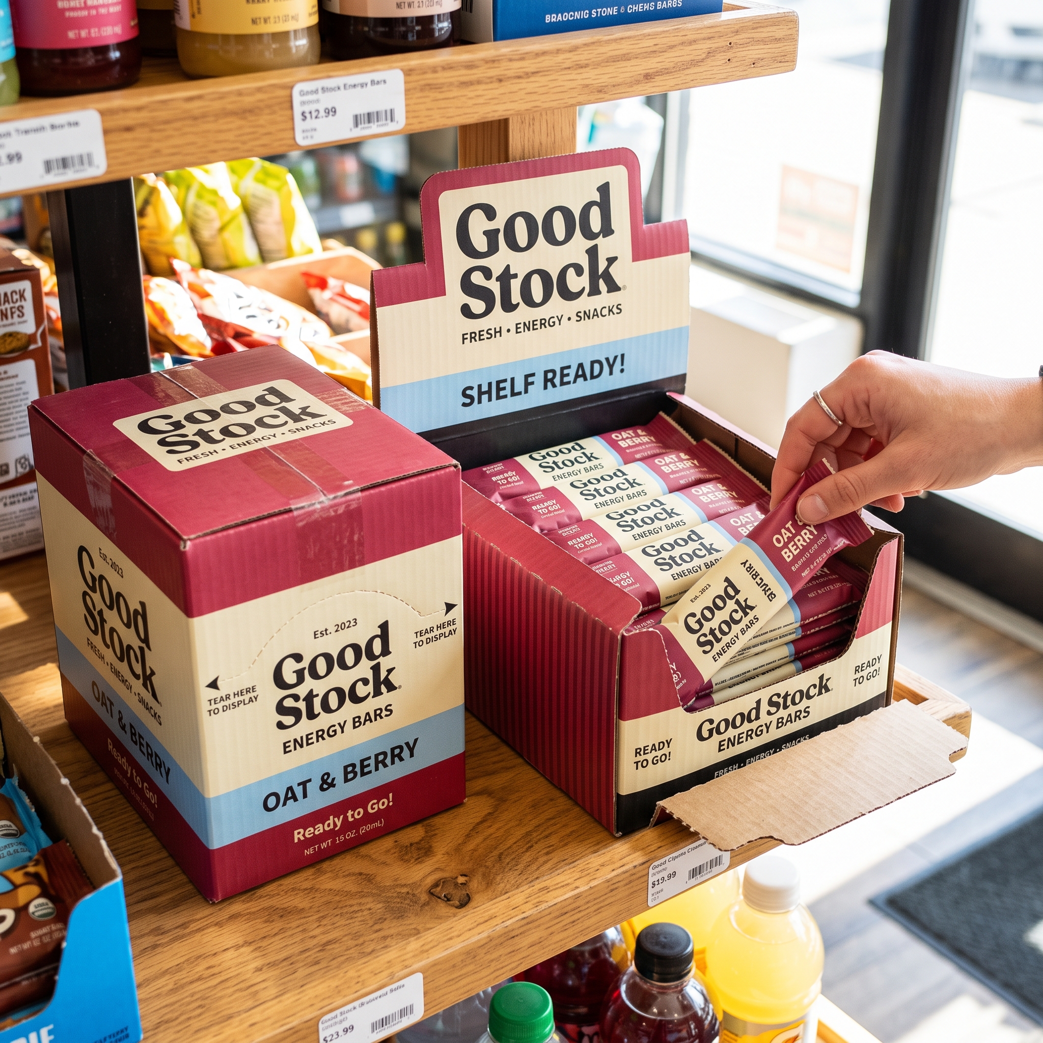 Shelf-ready retail box with a tear-away display lid, shown closed and open with individually wrapped bars inside on a store shelf.