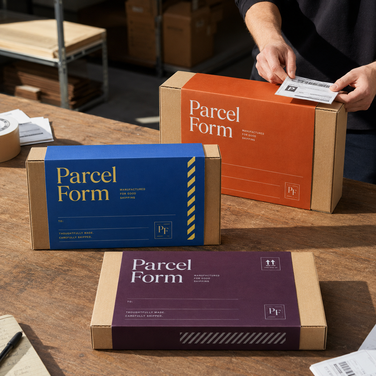 Shipping sleeve boxes, corrugated boxes wrapped with a printed sleeve band in navy, orange, and purple, shown on a work table.