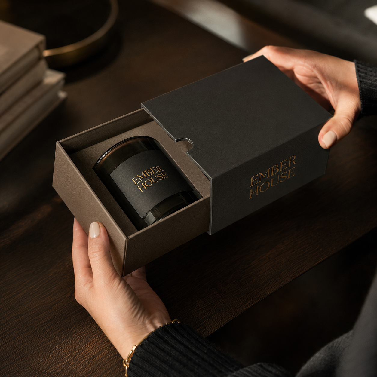 Custom slipcase box in matte black outer sleeve with taupe interior drawer, shown open with a candle jar inside, held by hand.