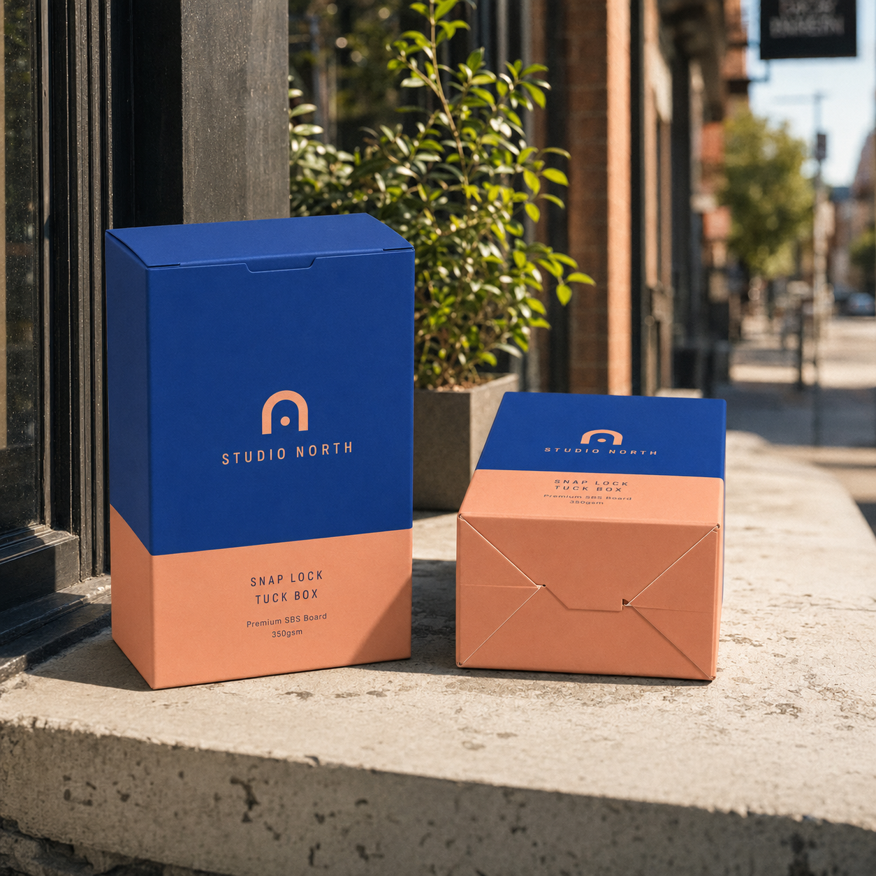 Snap lock box in cobalt blue and terracotta, tuck-top carton with an auto-lock bottom, shown in tall and short sizes, one displaying the locked envelope-style base.
