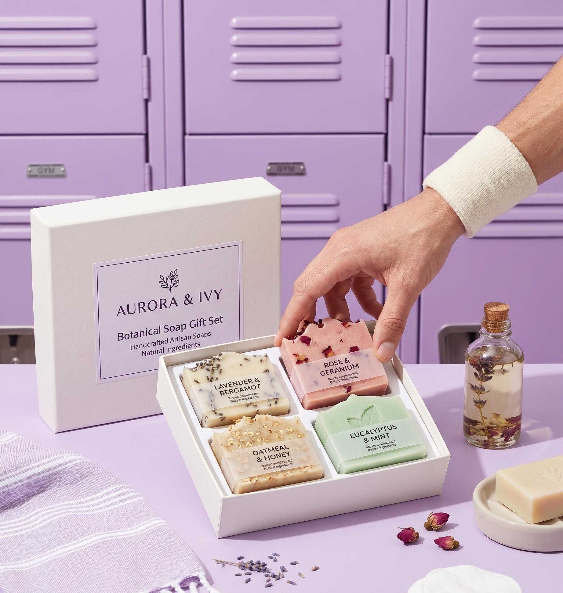 Soap gift packaging box with four botanical bars in labeled compartments