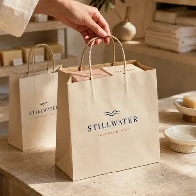 Soap paper bags with twisted handles holding boxed soap, carried by hand