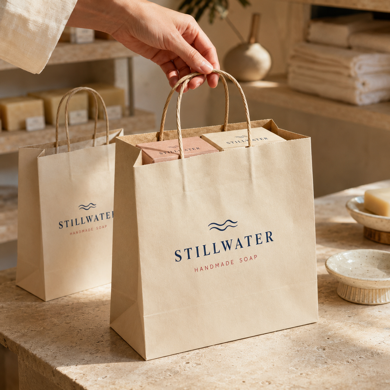Soap paper bags with twisted handles holding boxed soap, carried by hand