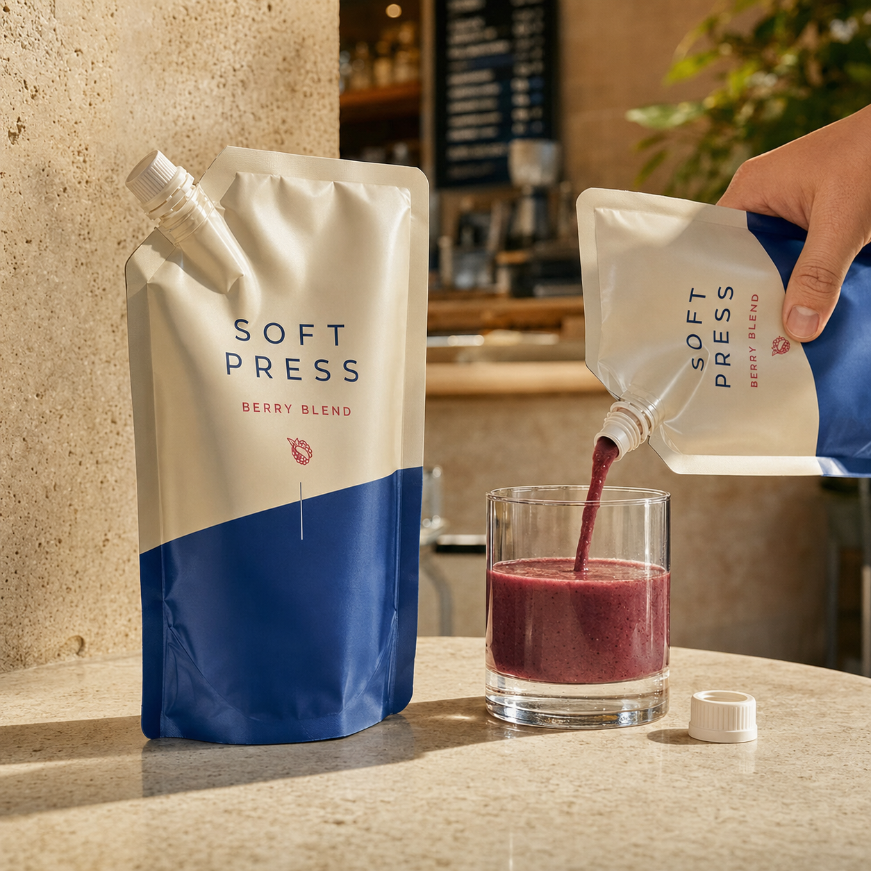 Spout pouch pouring berry drink into a glass