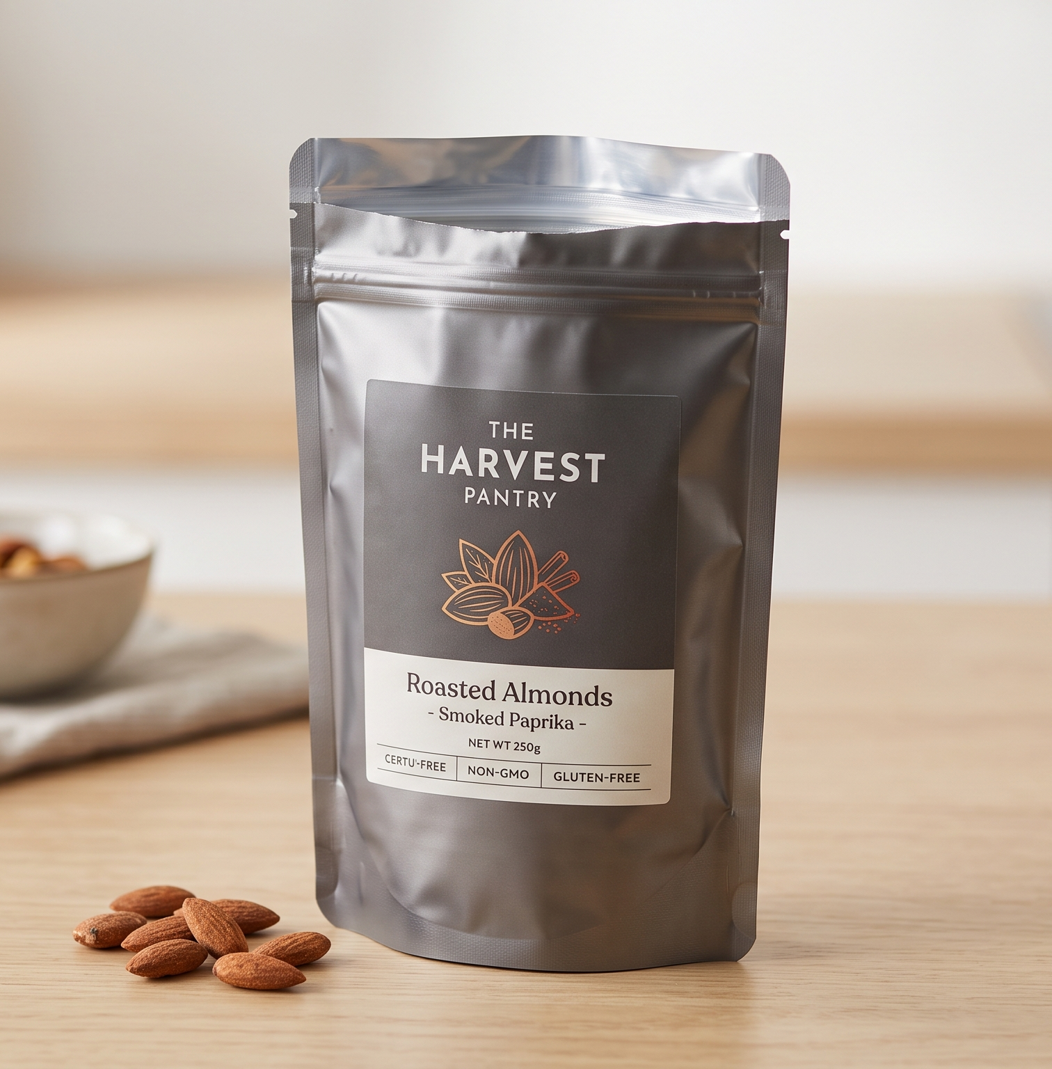 Gray stand-up pouch with resealable zipper holding roasted almonds