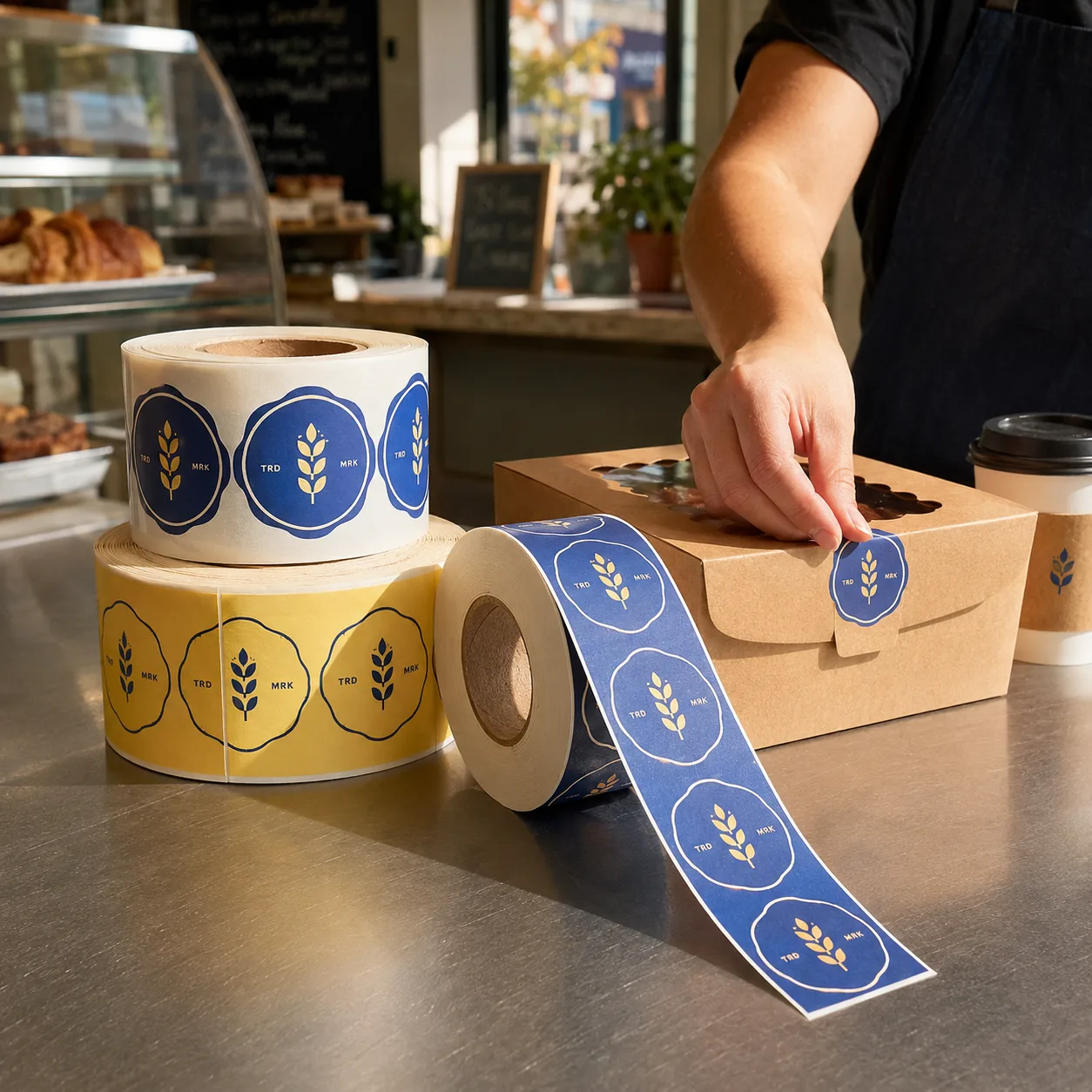 Sticker roll in navy and gold, round adhesive labels shown on rolls and applied to a bakery box and a coffee cup sleeve.