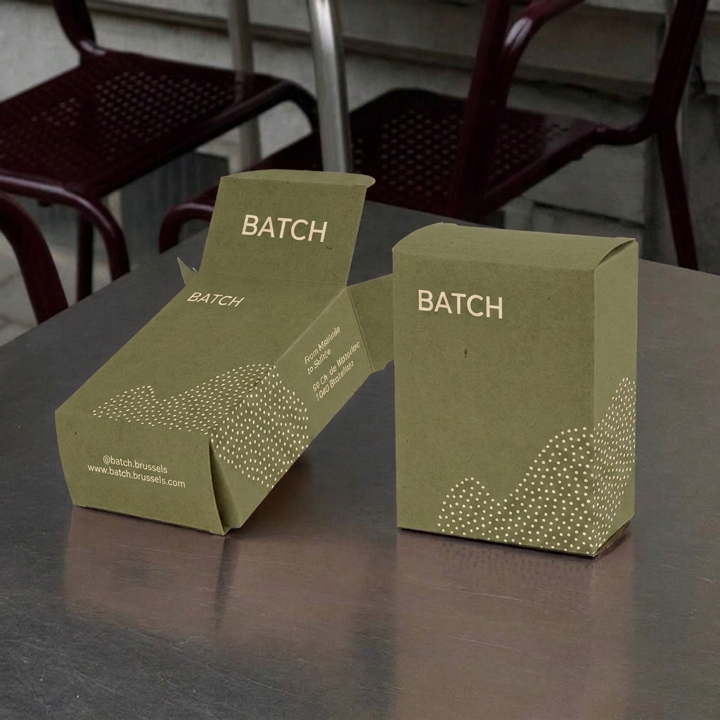 Custom straight tuck end box in olive green with dotted pattern, shown standing upright and unfolded flat on a table.