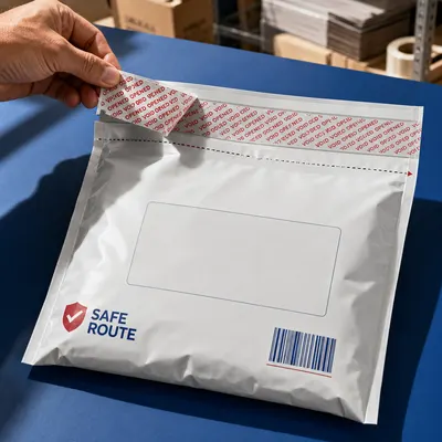 White tamper-evident shipping bag with void security tape being peeled open