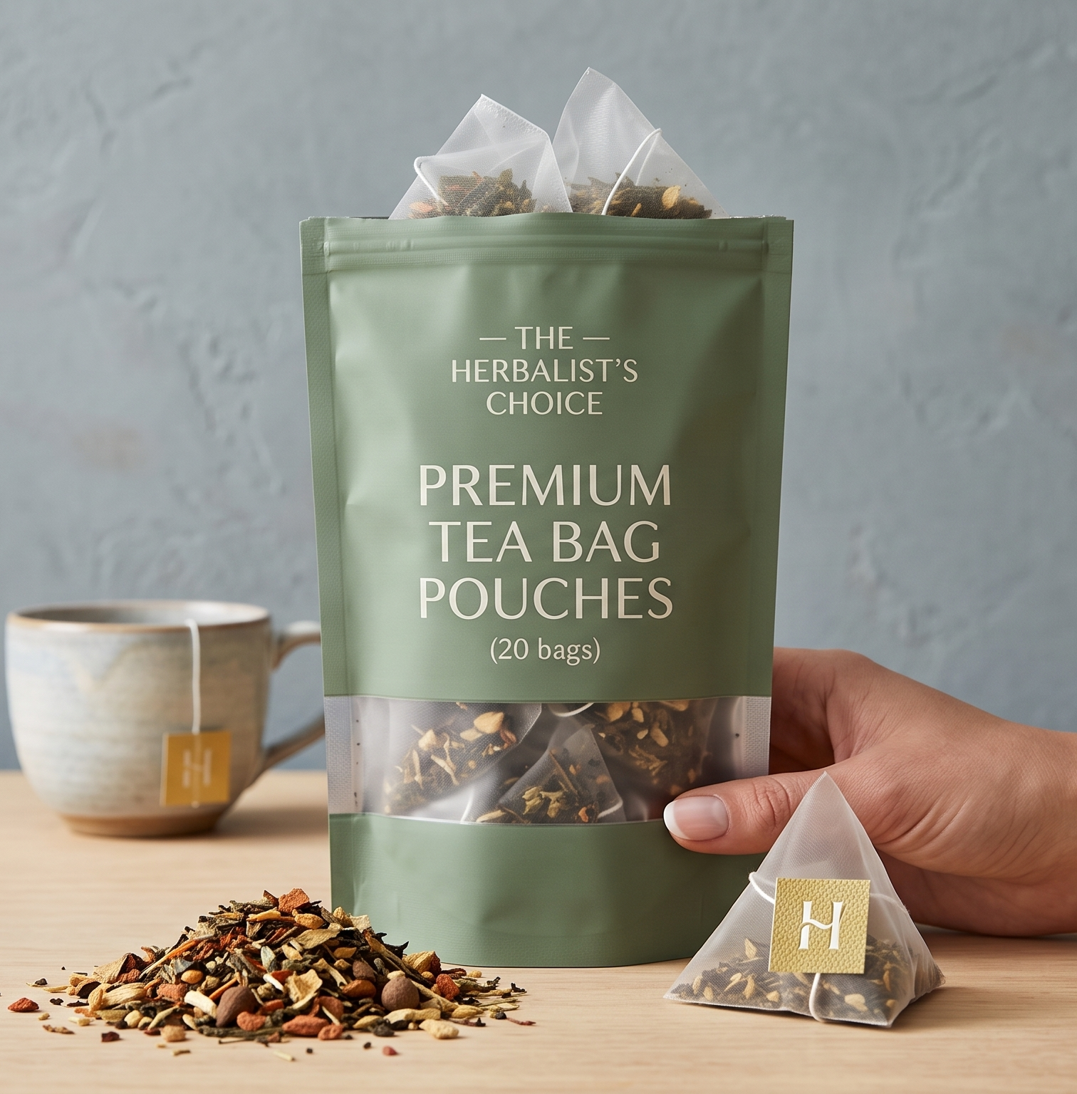 Sage green stand-up pouch with window displaying pyramid tea bags, mug, and loose tea
