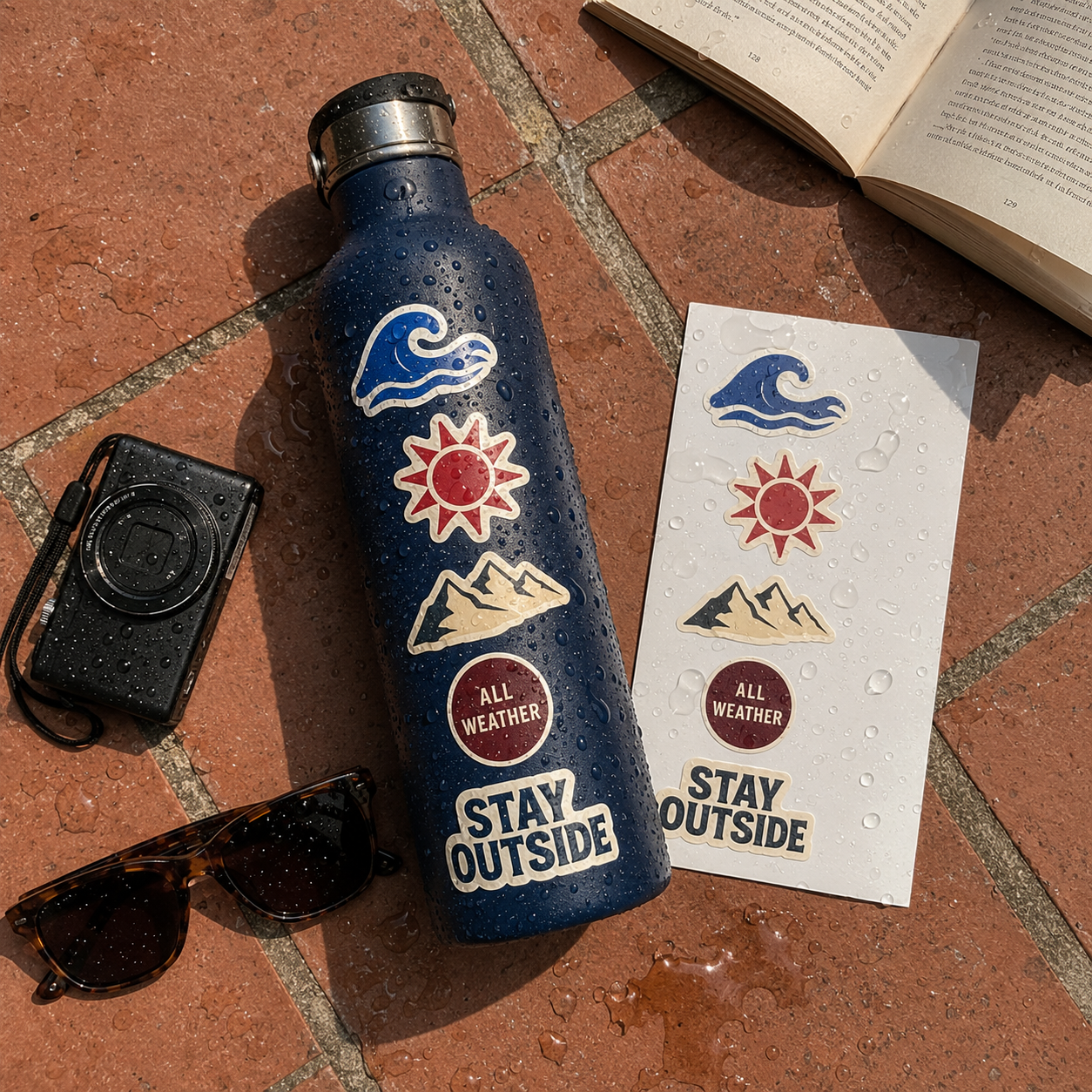 Waterproof stickers sheet with matching decals applied to a water bottle
