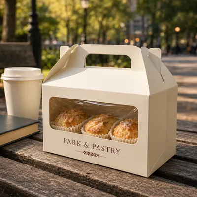 Cream window gable box with fold-out handle displaying pastries inside