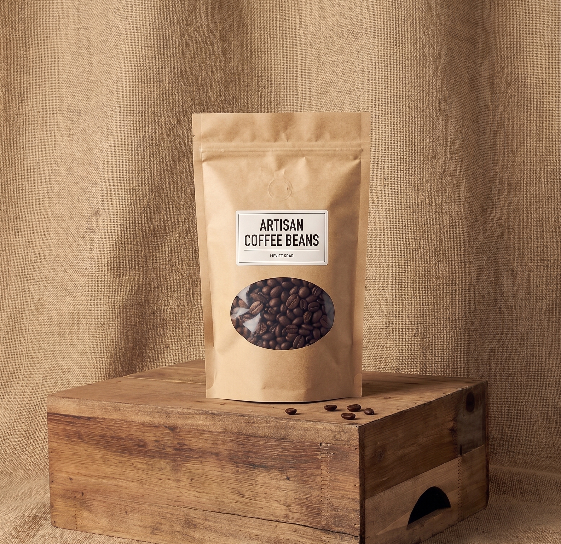 Kraft stand-up window mylar bag with oval die-cut opening showing coffee beans