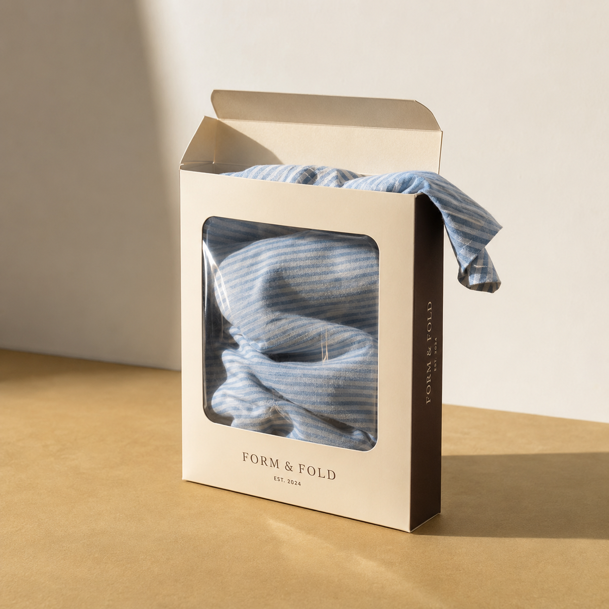 White window tuck box with die-cut front panel holding folded striped fabric