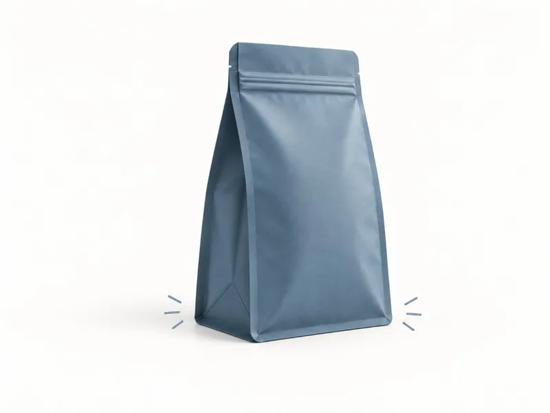 Filled flat bottom bag standing upright with a structured box-like shape