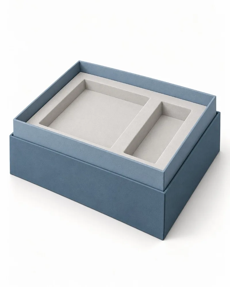 Fitted insert seated inside the raised neck of a shoulder neck rigid box.
