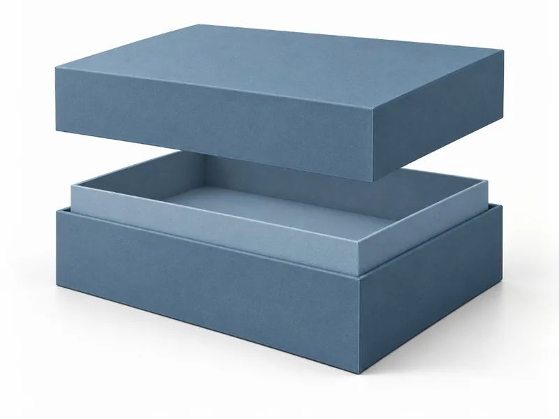Shoulder neck rigid box with its removable lid raised above the projecting inner collar.