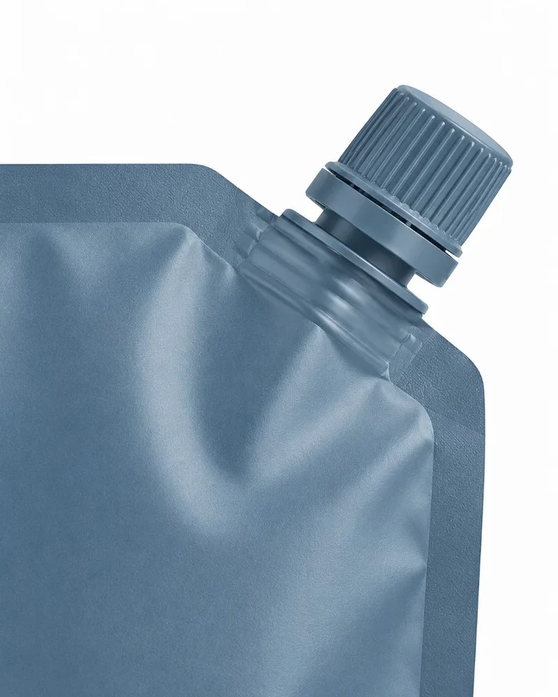 Close-up of a spout fitment heat sealed between the pouch films so the outlet becomes part of the pouch structure.