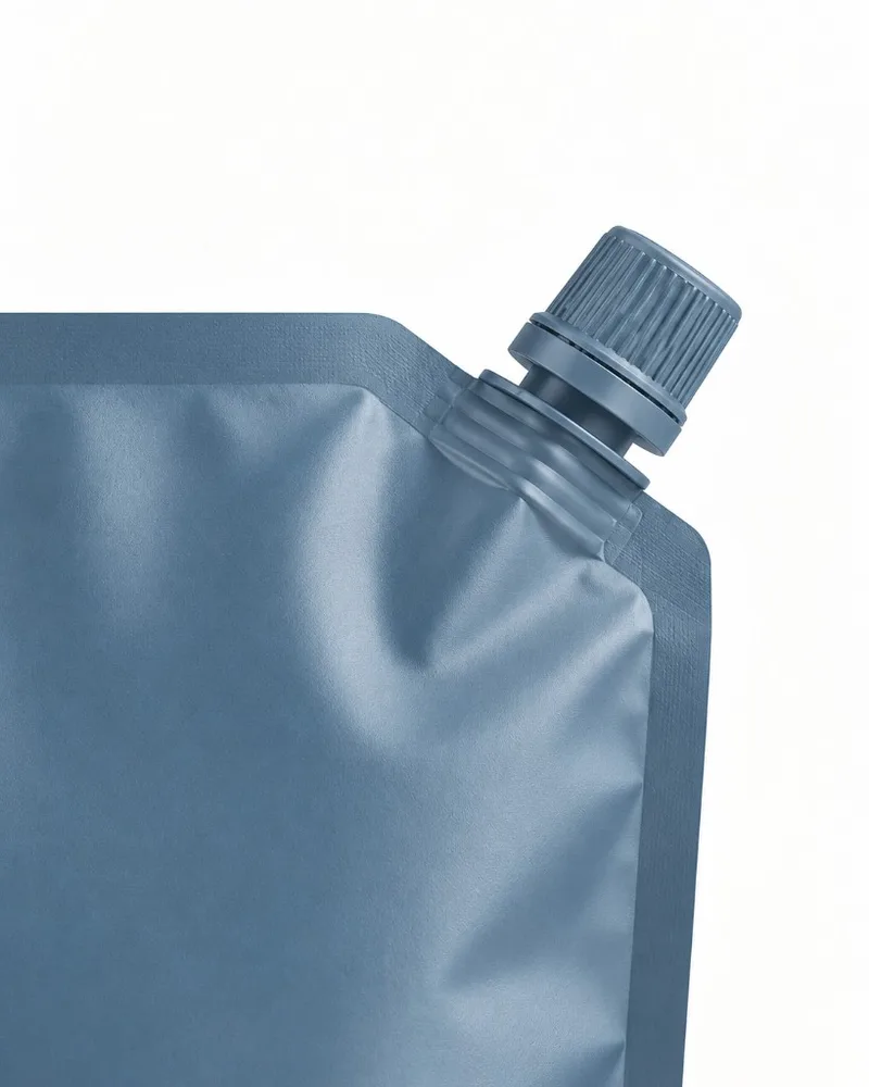 Close-up of the sealed-in spout fitment positioned at the top corner of the pouch.