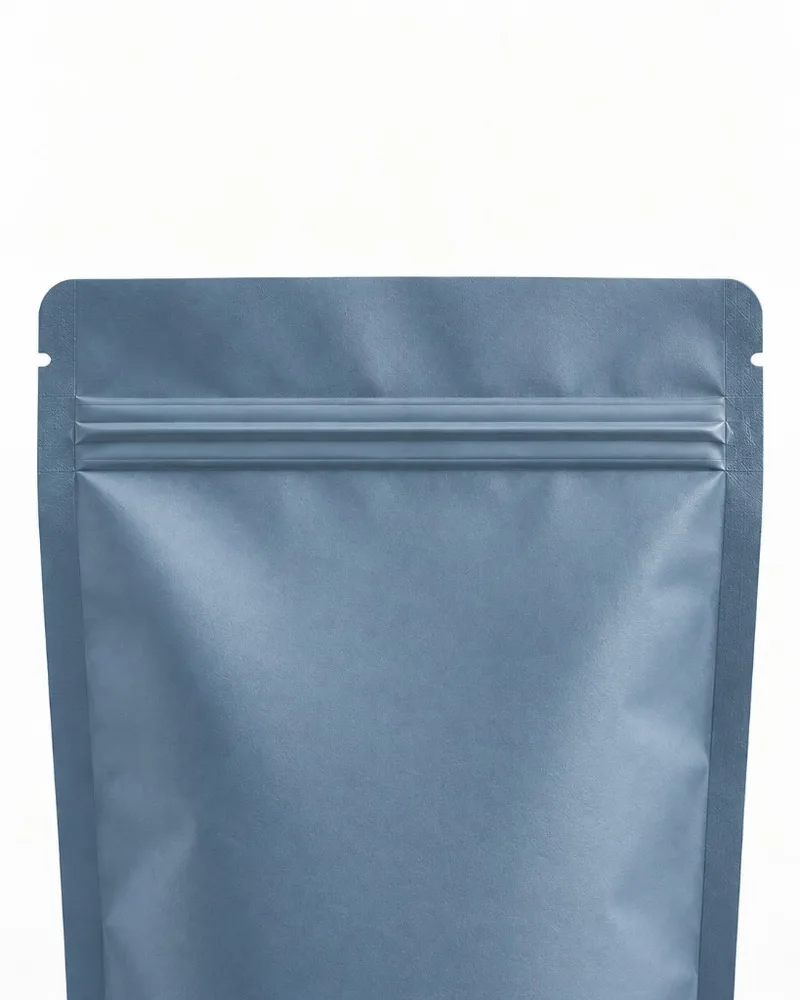 Top section of a stand up pouch showing the filling area, resealable zipper, tear notch and final heat seal zone.