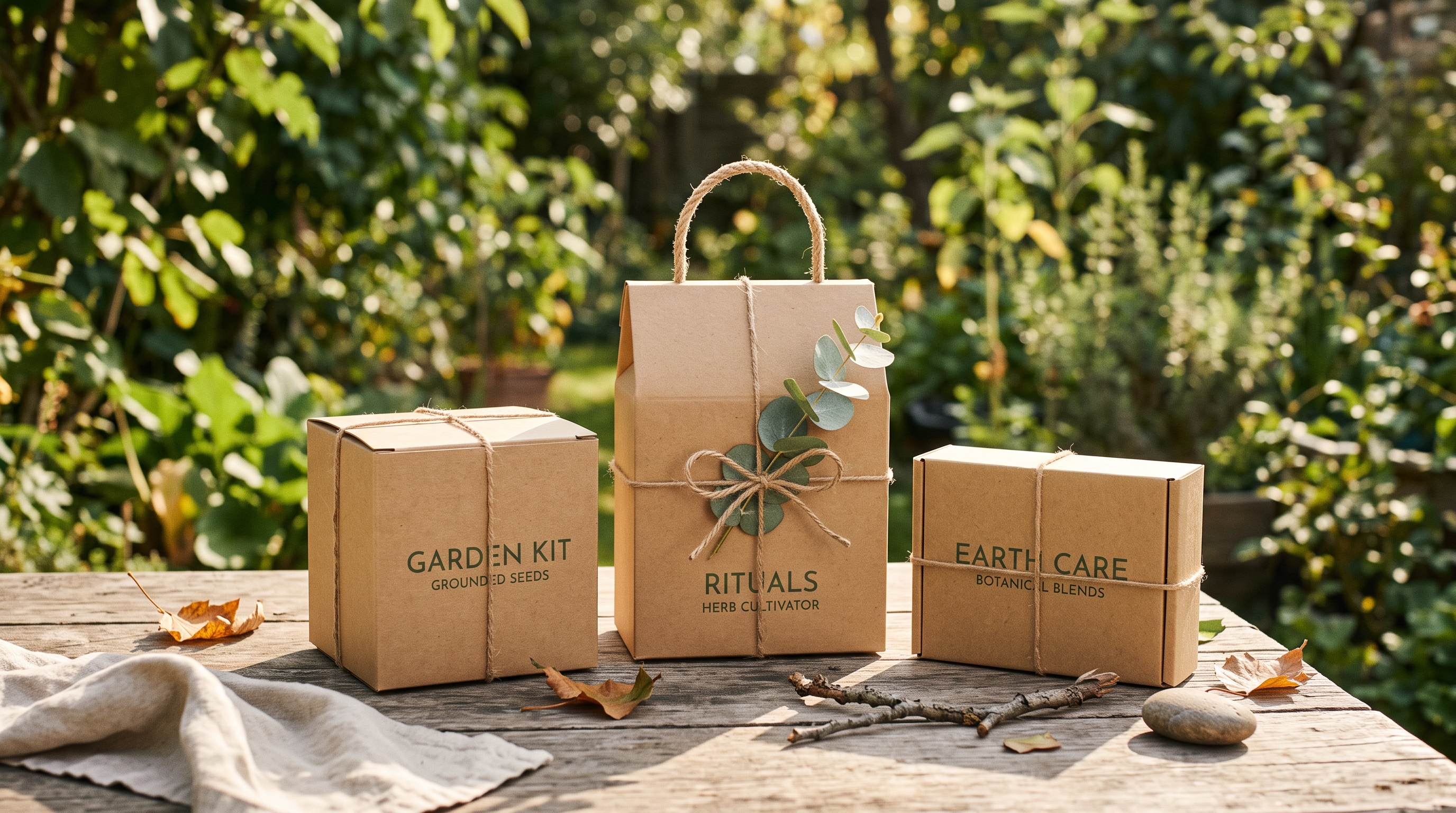 Sustainable packaging assortment including a kraft box, a kraft gable bag with a rope handle, and a kraft mailer box, each tied with twine on an outdoor table.