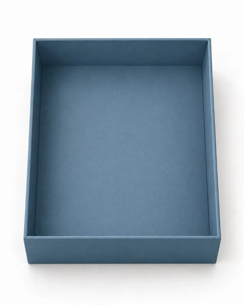 Top view of a two piece rigid box base showing the product compartment and surrounding walls.