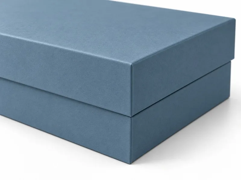 Close-up of a two piece rigid box showing the lid overlapping the base walls.