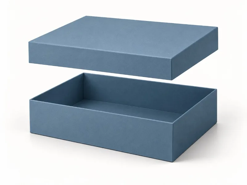 Two piece rigid box with its lift-off lid raised above the matching base.